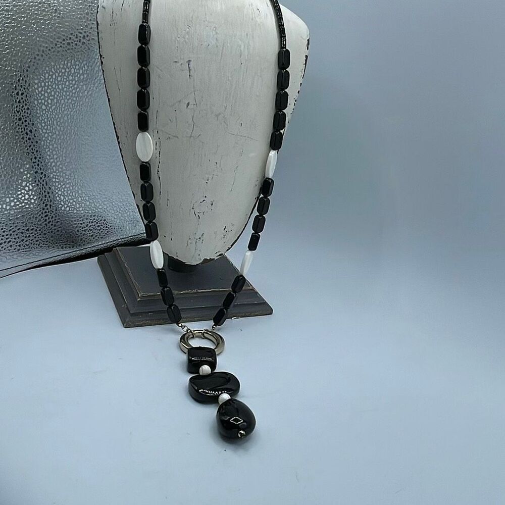 Chico’s long black white acrylic metal mother of pearl statement necklace.